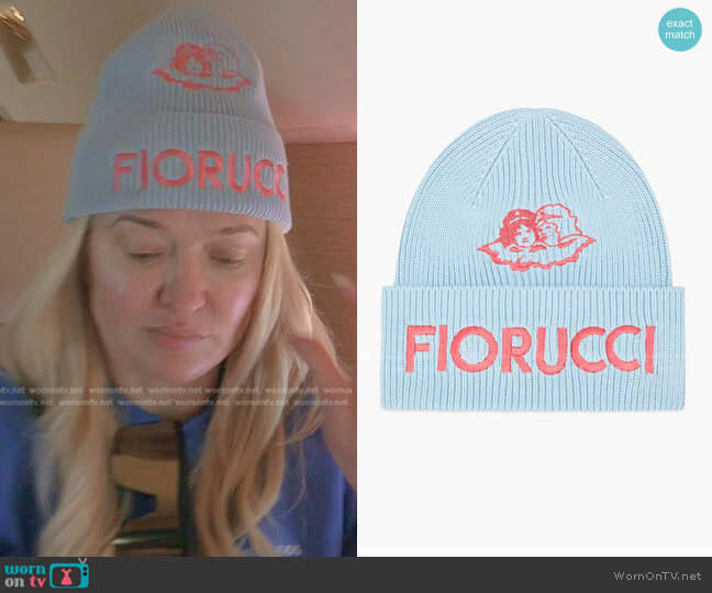 Fiorucci Angels Ribbed Beanie in Blue worn by Erika Jayne on The Real Housewives of Beverly Hills