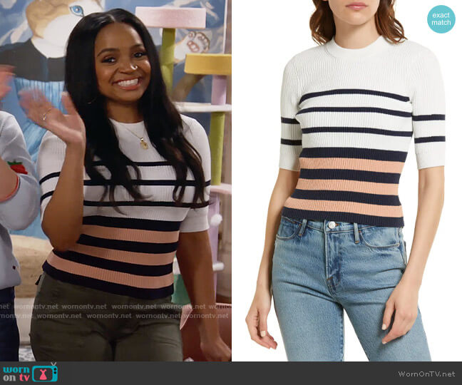 Frame Rib Short Sleeve Sweater in Pink Clay Multi worn by Randi (Kyla Pratt) on Call Me Kat