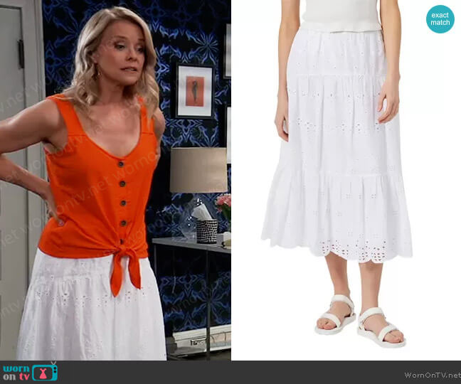 French Connection Abana Biton Eyelet Organic Cotton Midi Skirt worn by Felicia Scorpio (Kristina Wagner) on General Hospital