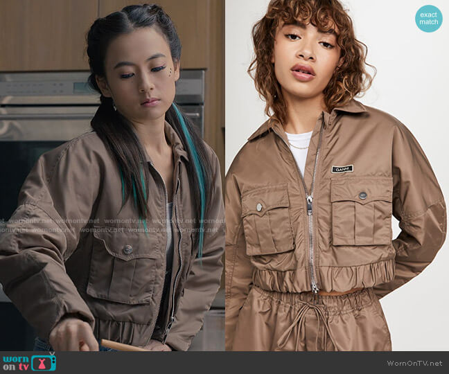 Ganni Nylon Bomber Jacket in Fossil worn by Lina Yun (Lena Ahn) on Partner Track