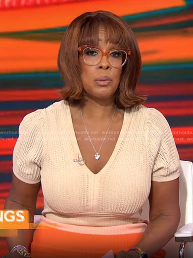 Gayle King’s beige and orange knit dress on CBS Mornings