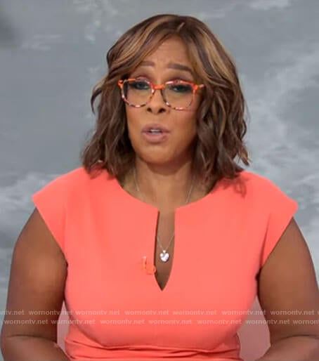Gayle King’s coral split-neck dress on CBS Mornings