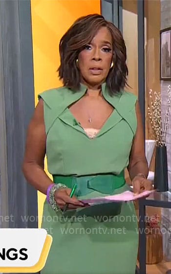 Gayle King’s green folded neckline dress on CBS Mornings