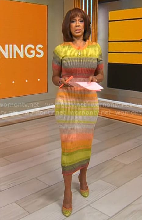 Gayle King’s multi color striped knit dress on CBS Mornings