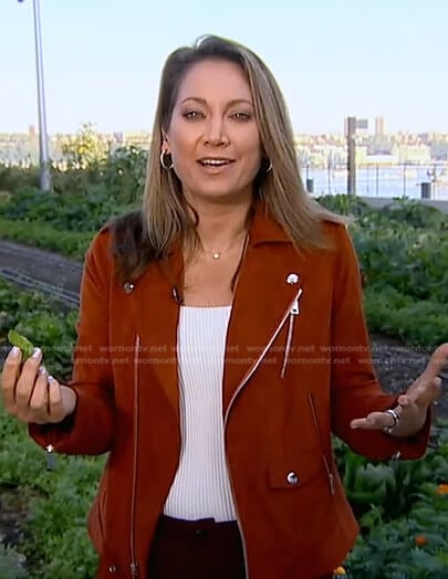Ginger’s brown suede moto jacket on Good Morning America