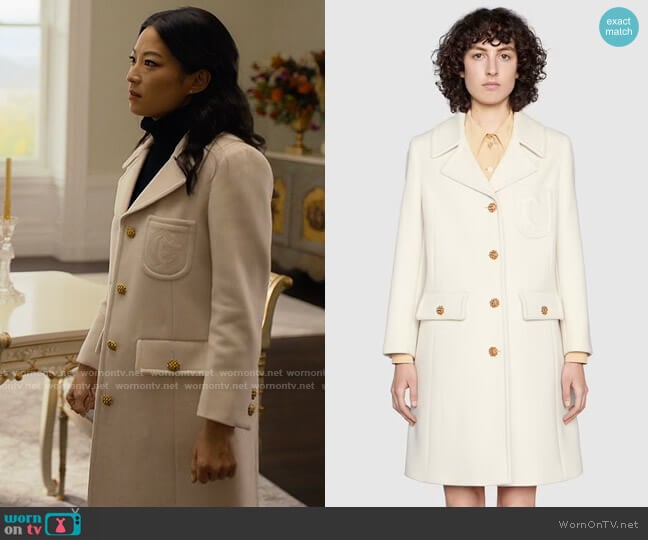 Gucci Double G embroidery wool coat worn by Ingrid Yun (Arden Cho) on Partner Track