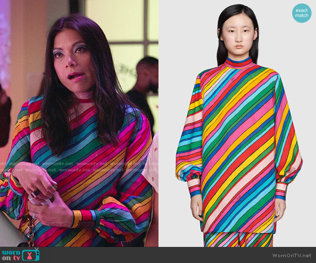 Gucci x Ken Scott Rainbow Stripe Dress worn by Nikki Ramos (Ginger Gonzaga) on She-Hulk Attorney at Law