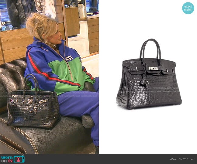 Hermes Birkin Handbag Noir Shiny Porosus Crocodile with Palladium Hardware 35 worn by Diana Jenkins on The Real Housewives of Beverly Hills
