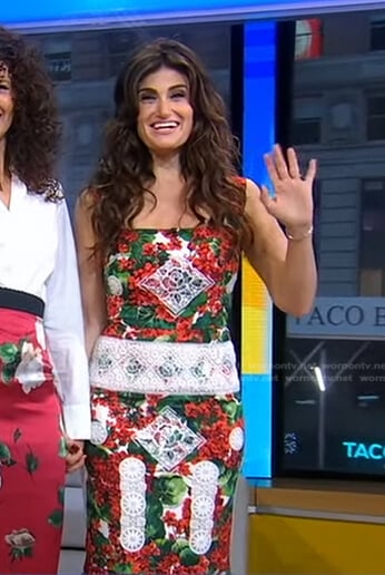 Idina Menzel’s red floral lace panel dress on Good Morning America