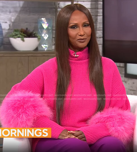 Iman’s pink feather sleeve sweater on CBS Mornings