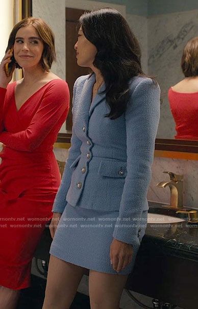 Ingrid’s light blue jacket and skirt suit on Partner Track