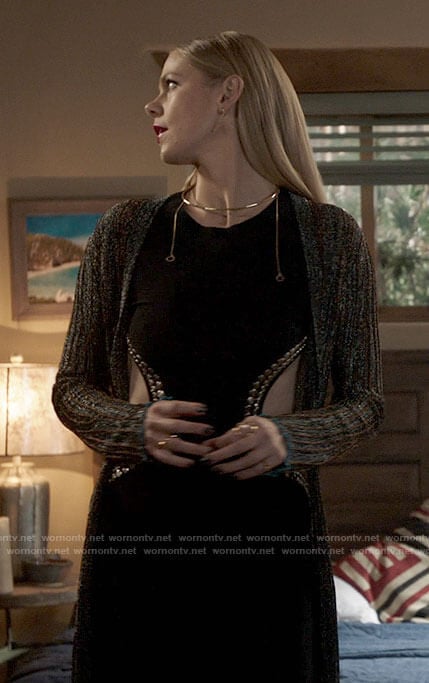 Isobel’s black studded cutout jumpsuit and metallic jacket on Roswell New Mexico