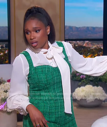 Jennifer’s green tweed jumpsuit on The Jennifer Hudson Show