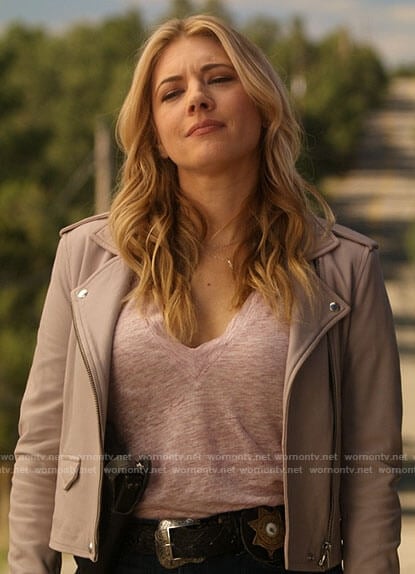 Jenny’s blush pink leather moto jacket on Big Sky