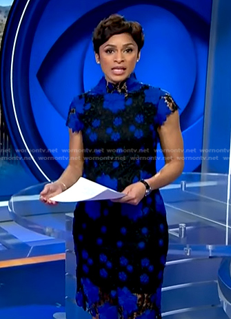 Jericka’s black and blue floral lace dress on CBS Evening News