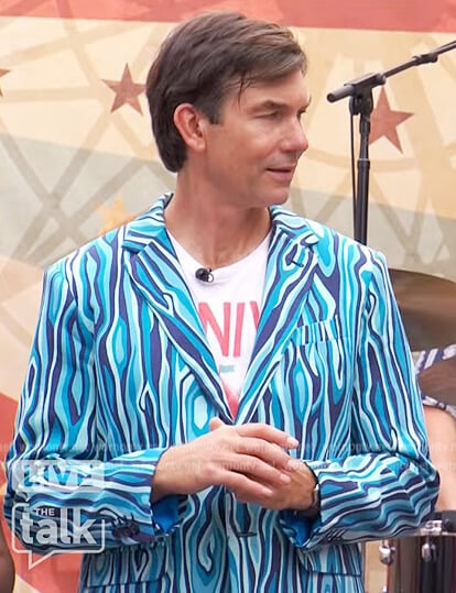 Jerry’s blue printed blazer and pants on The Talk