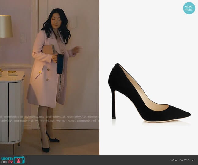 Jimmy Choo Romy 100 Suede Pumps in Black worn by Ingrid Yun (Arden Cho) on Partner Track