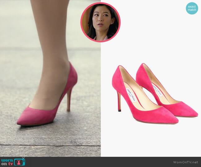 Jimmy Choo Romy 85 Suede Pumps worn by Ingrid Yun (Arden Cho) on Partner Track