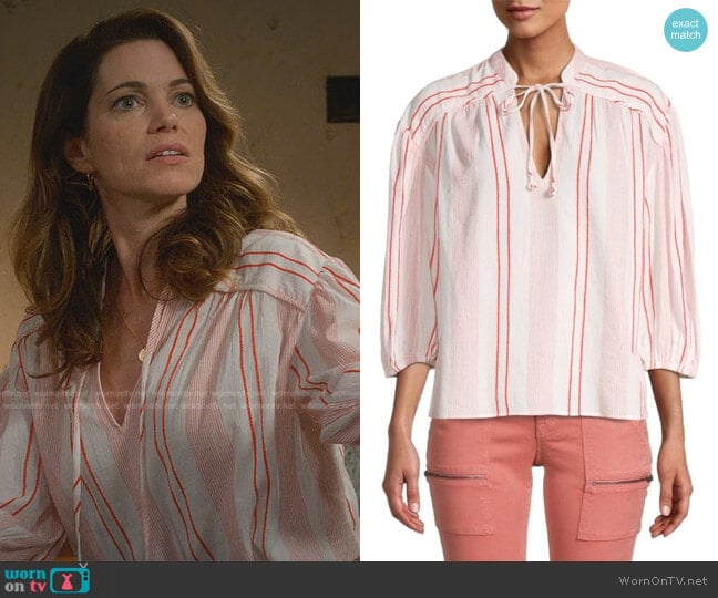 Joie Rowyn Woven Stripe Tie Blouse worn by Amanda Larusso (Courtney Henggeler) on Cobra Kai