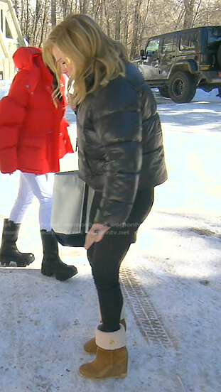 Kathy’s beige suede ankle boots on The Real Housewives of Beverly Hills