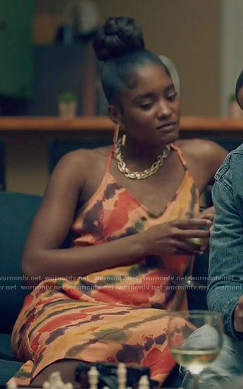 Keke’s orange tie dye slip dress on Queen Sugar