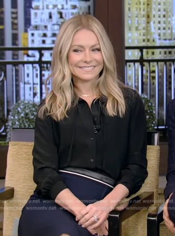 Kelly’s black tie neck blouse and pencil skirt on Live with Kelly and Ryan