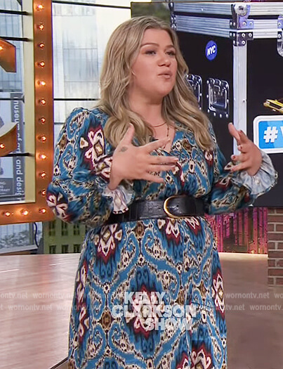 Kelly’s blue ikat print dress on The Kelly Clarkson Show