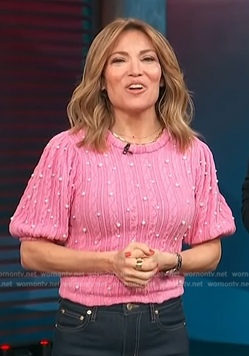Kit’s pink pearl embellished sweater on Access Daily
