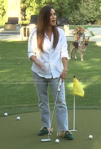 Kyle’s green velvet mules with fur on The Real Housewives of Beverly Hills