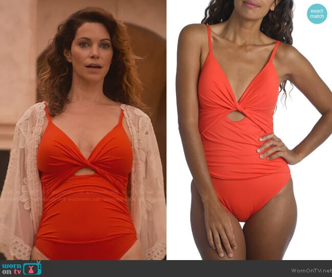 La Blanca Island Goddess Twist Keyhole One-Piece Swimsuit worn by Amanda Larusso (Courtney Henggeler) on Cobra Kai