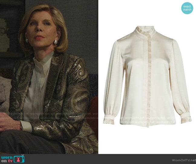 Lafayette 148 New York Gemma Pleated Trim Satin Blouse worn by Diane Lockhart (Christine Baranski) on The Good Fight