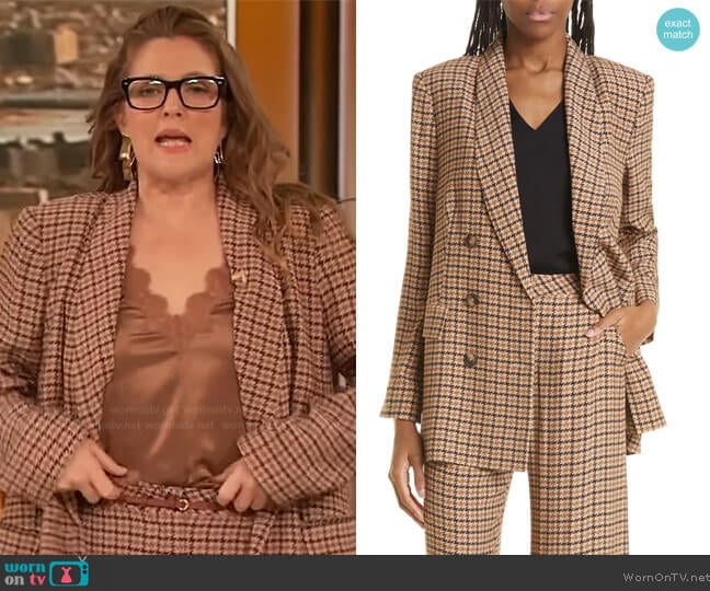 L'Agence Jayda Houndstooth Double-Breasted Blazer worn by Drew Barrymore on The Drew Barrymore Show