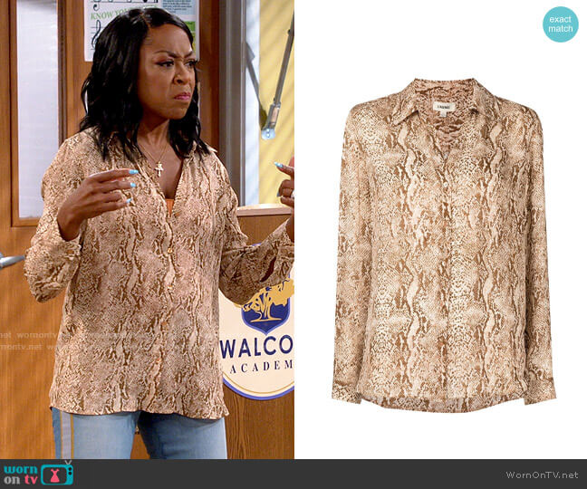 L'Agence Nina Blouse in Neutral Multi Cobra worn by Tina Butler (Tichina Arnold) on The Neighborhood