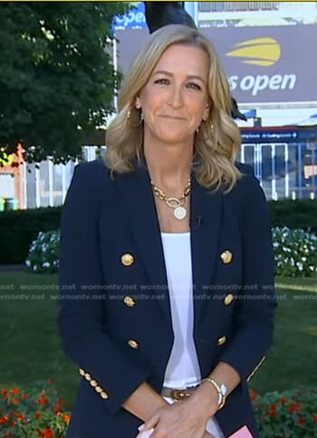 Lara’s navy double breasted blazer on Good Morning America