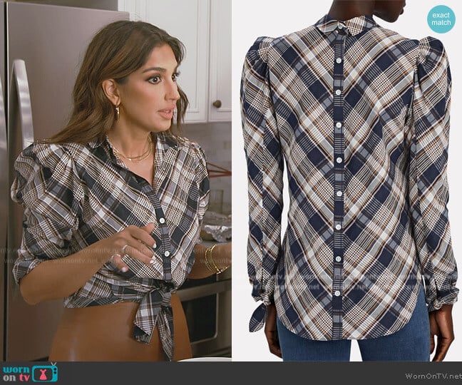 Veronica Beard Isabel Plaid Puff Sleeve Blouse worn by Leva Bonaparte on Southern Charm