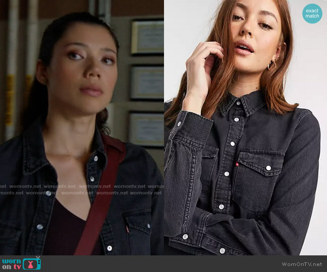 Levis Essential Western Denim Shirt in Black worn by Violet Mikami (Hanako Greensmith) on Chicago Fire