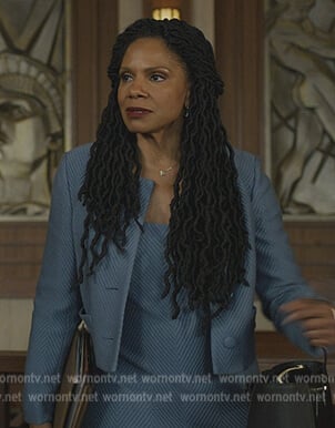 Liz blue textured herringbone dress and jacket on The Good Fight