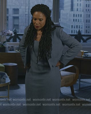 Liz blue textured herringbone dress and jacket on The Good Fight