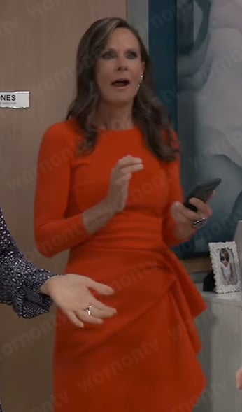 Lucy’s red ruffle front midi dress on General Hospital