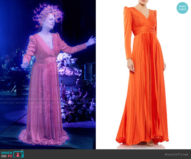 Mac Duggal Pleated Long Sleeve Chiffon A-Line Gown in Sunset worn by Dottie Cantrell Roman (Susan Sarandon) on Monarch