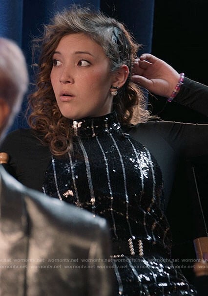 Maddox’s striped sequin jumpsuit on High School Musical The Musical The Series