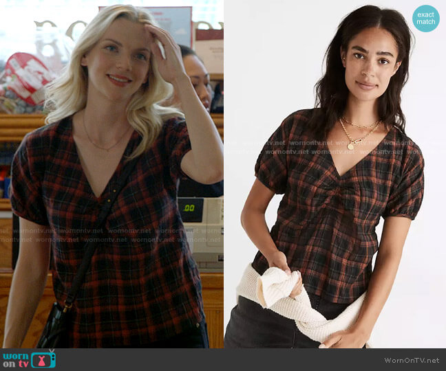Madewell Gathered V-Neck Top in Plaid worn by Sylvie Brett (Kara Killmer) on Chicago Fire