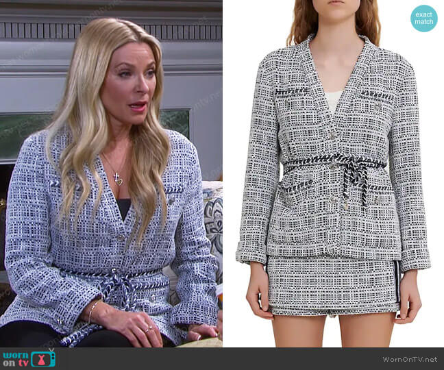 Maje Vetrole Belted Tweed Jacket worn by Jennifer Horton (Cady McClain) on Days of our Lives