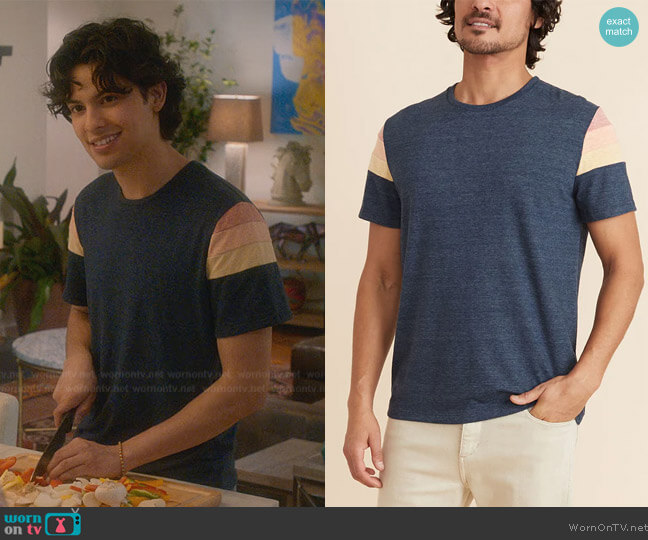 Marine Layer Banks Tee in Navy Heather worn by Miguel Diaz (Xolo Mariduena) on Cobra Kai