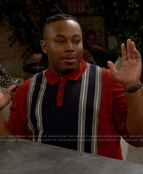 Marty’s red vertical stripe polo shirt on The Neighborhood