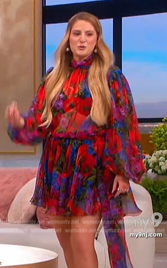 Meghan Trainor’s floral print tie waist mini dress on The Jennifer Hudson Show