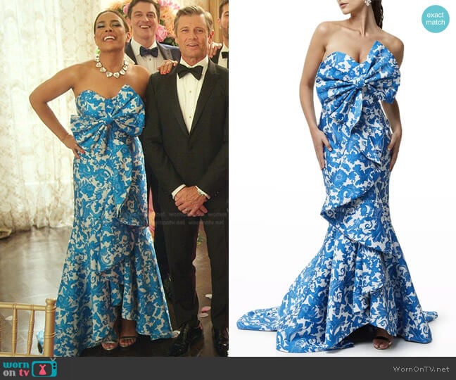Mestiza New York Azulejo Strapless Floral-Print Bow Gown worn by Cristal Jennings (Daniella Alonso) on Dynasty