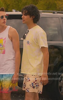 Miguel’s yellow floral print shorts on Cobra Kai