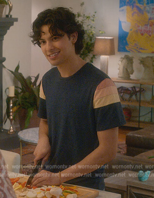 Miguel’s blue sleeve stripe tee on Cobra Kai