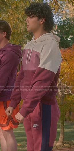 Miguel’s pink colorblock track pants on Cobra Kai